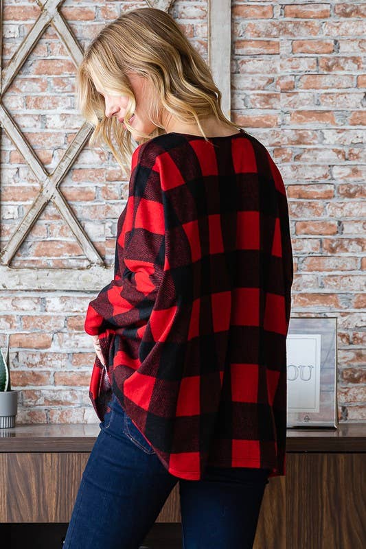 Red/Black Buffalo Plaid Vneck Oversized Top