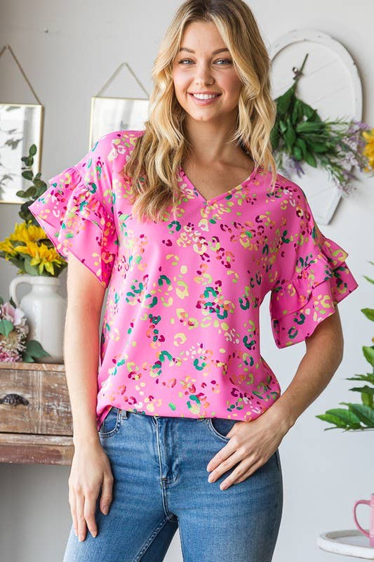SHORT SLEEVE WITH DOUBLE RUFFLED PRINT TOP