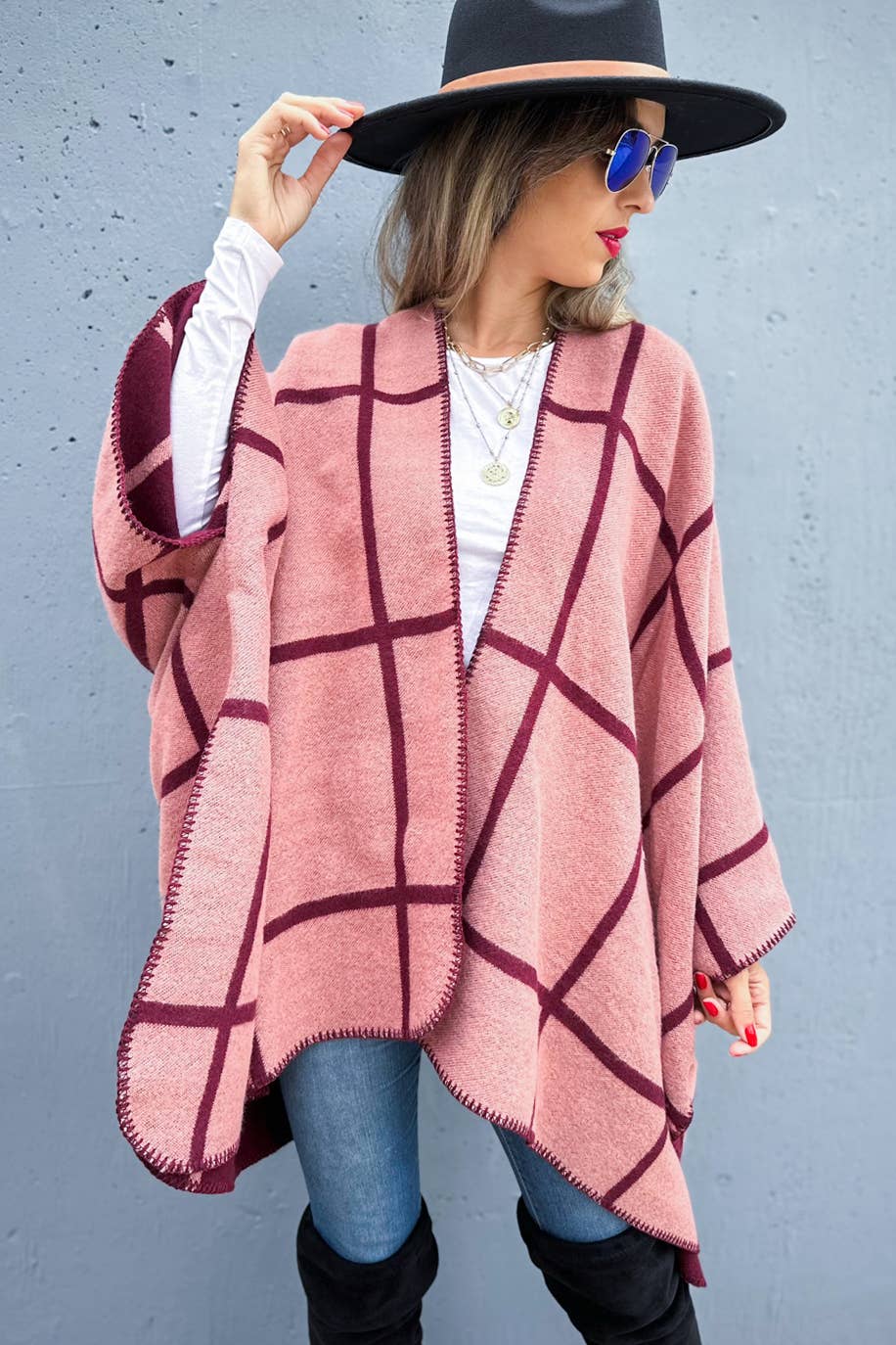 Burgundy Rose Dual-Tone Check Print Cozy Reversible Ruana