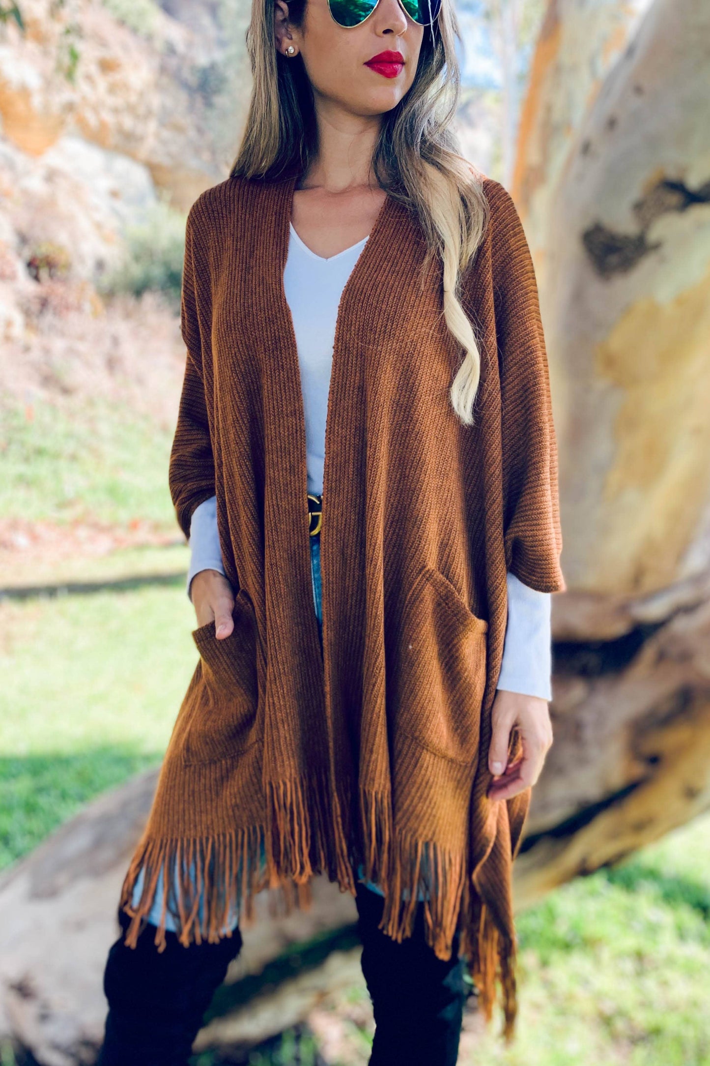 Camel Soft Knitted Pocket Kimono Cardigan With Fringe