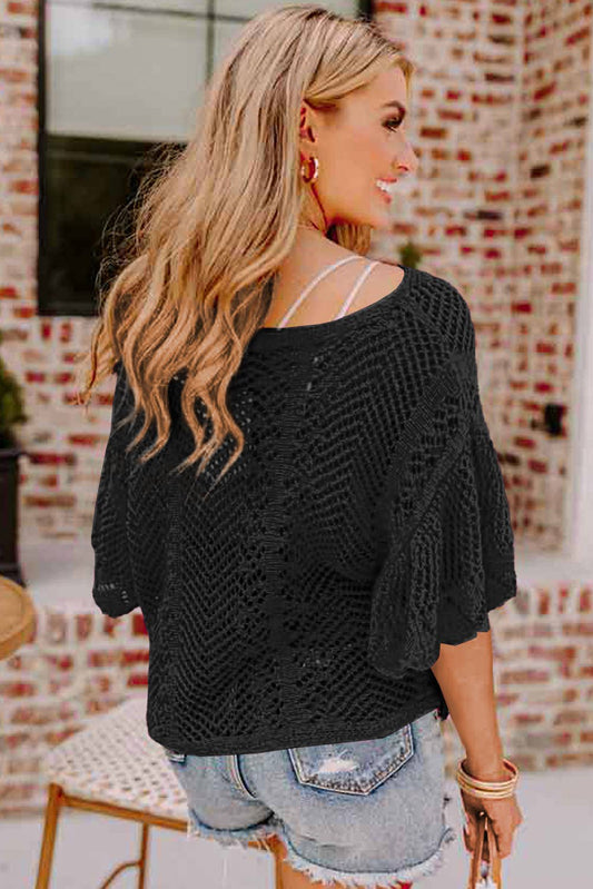 Black Knit Scallop Edge Short Sleeve Top