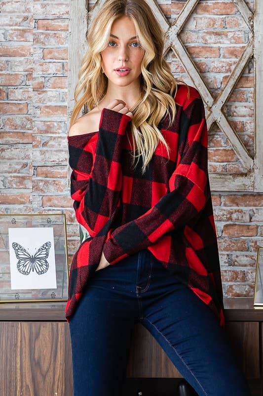 Red/Black Buffalo Plaid Vneck Oversized Top