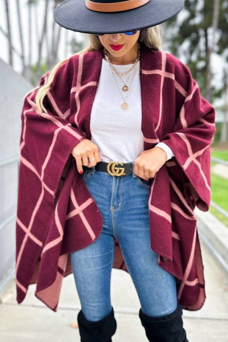 Burgundy Rose Dual-Tone Check Print Cozy Reversible Ruana