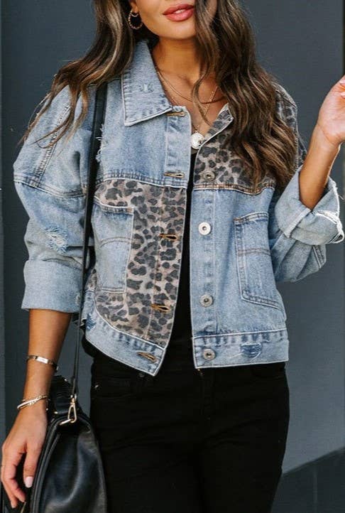 Leopard-Print Paneled Ripped Denim Jacket