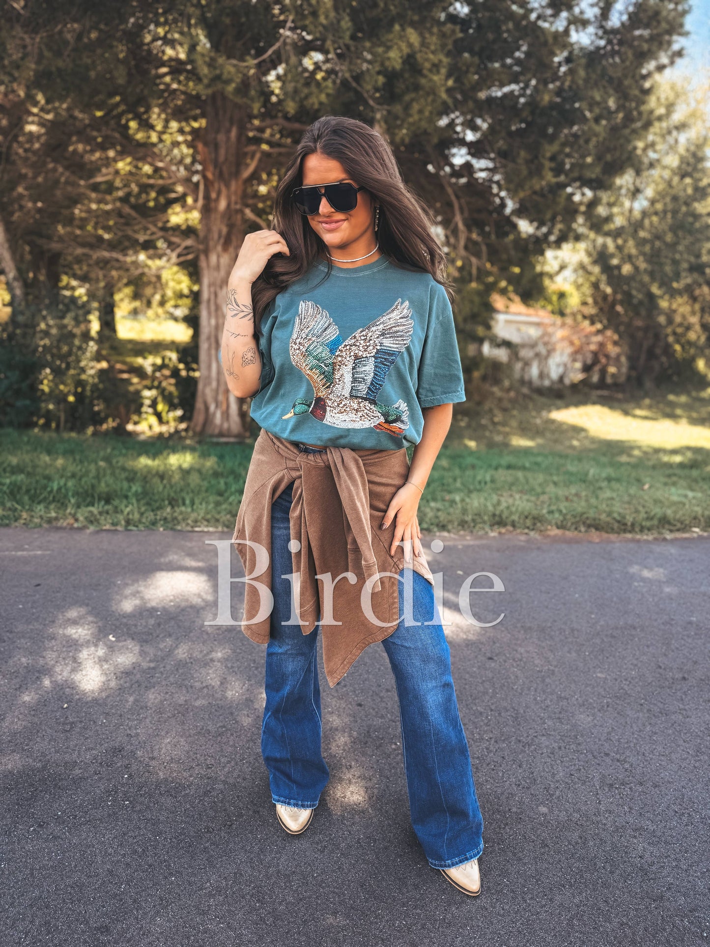 Faux Rhinestone Duck Graphic Tee on Blue Spruce
