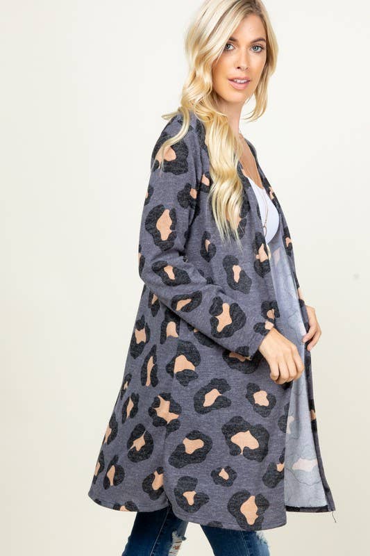 SLATE BLUE/GREY LEOPARD PRINT OPEN CARDIGAN