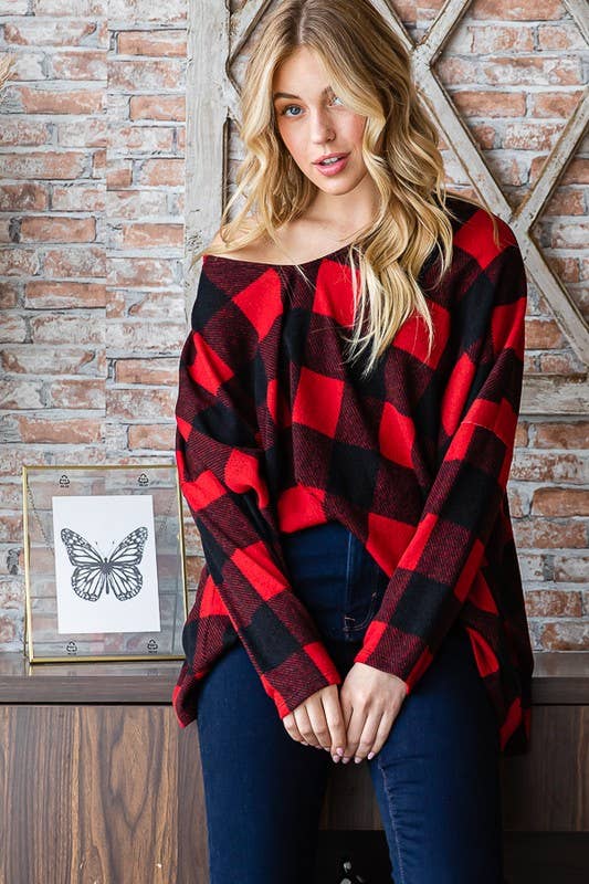 Red/Black Buffalo Plaid Vneck Oversized Top