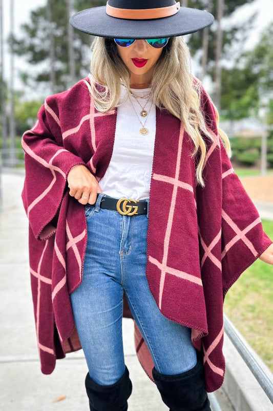 Burgundy Rose Dual-Tone Check Print Cozy Reversible Ruana