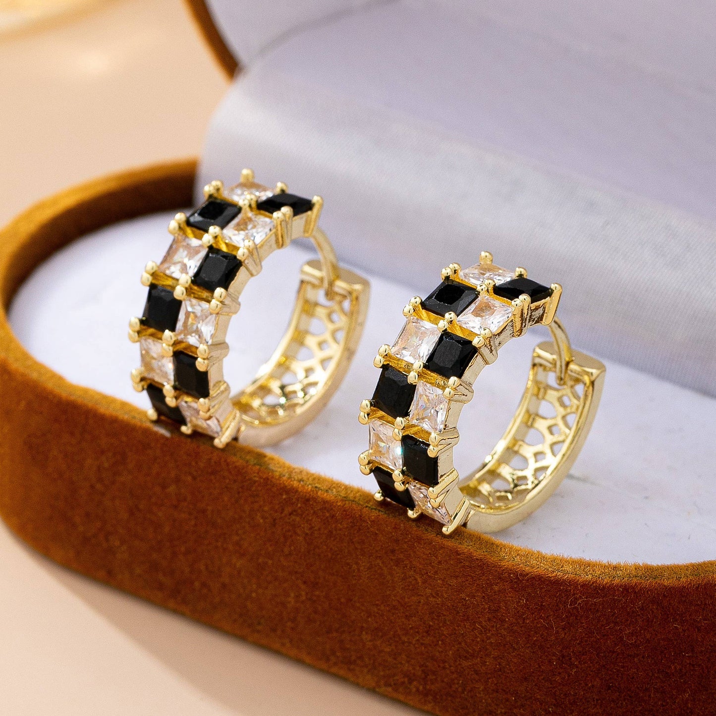 Checker Black & Crystal Baguette Hoop Earrings