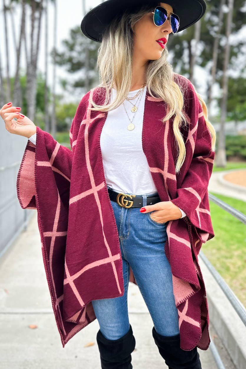 Burgundy Rose Dual-Tone Check Print Cozy Reversible Ruana