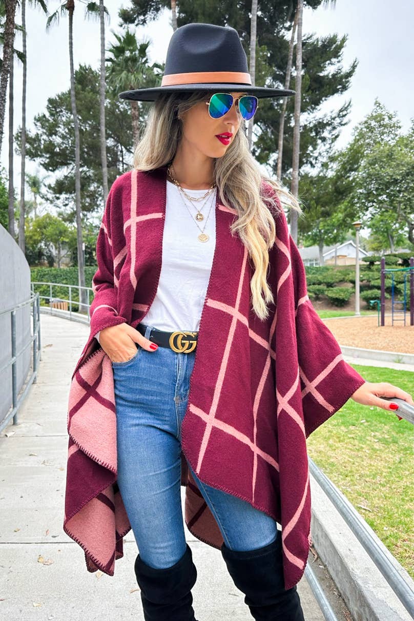Burgundy Rose Dual-Tone Check Print Cozy Reversible Ruana