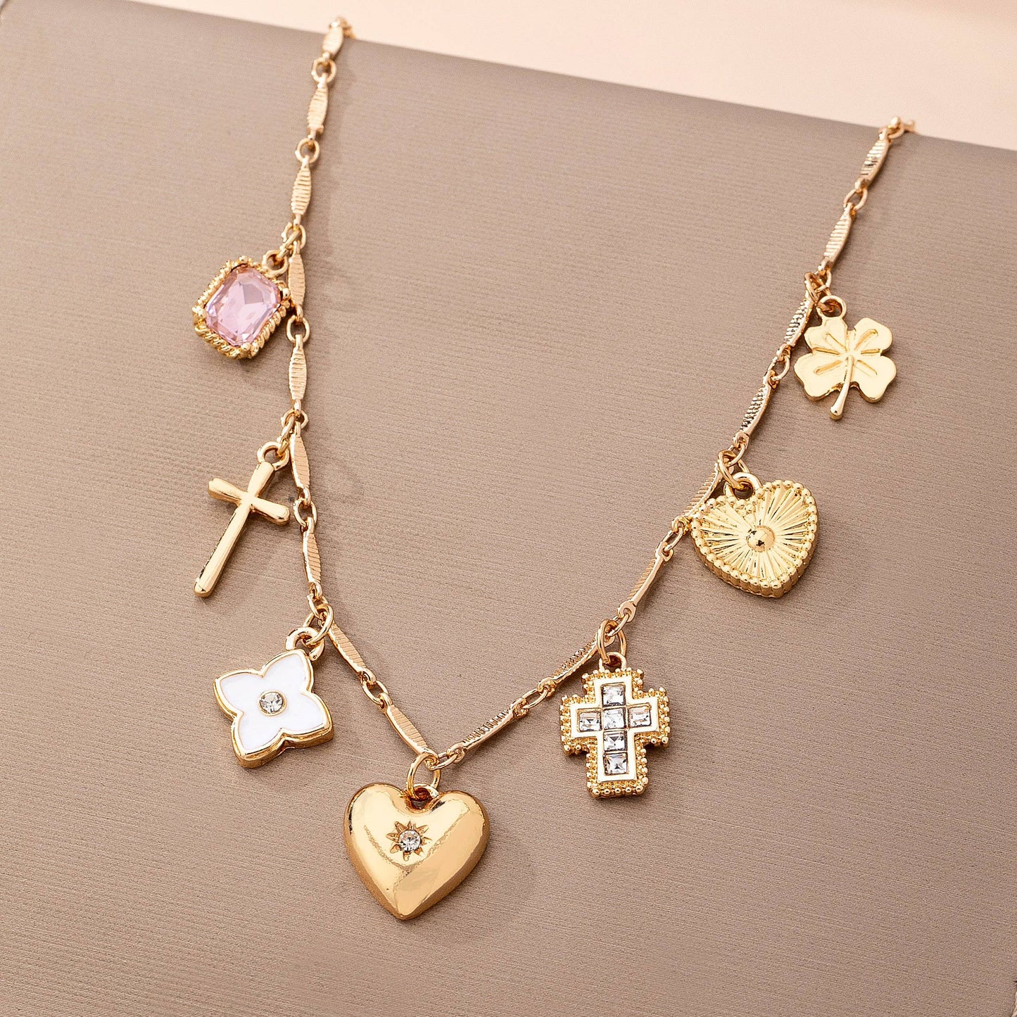 CHARM NECKLACE-crosses hearts flowers clovers