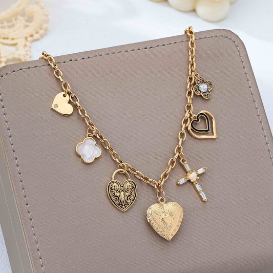 Antique Heart Locket & Cross Multi-Charm Necklace