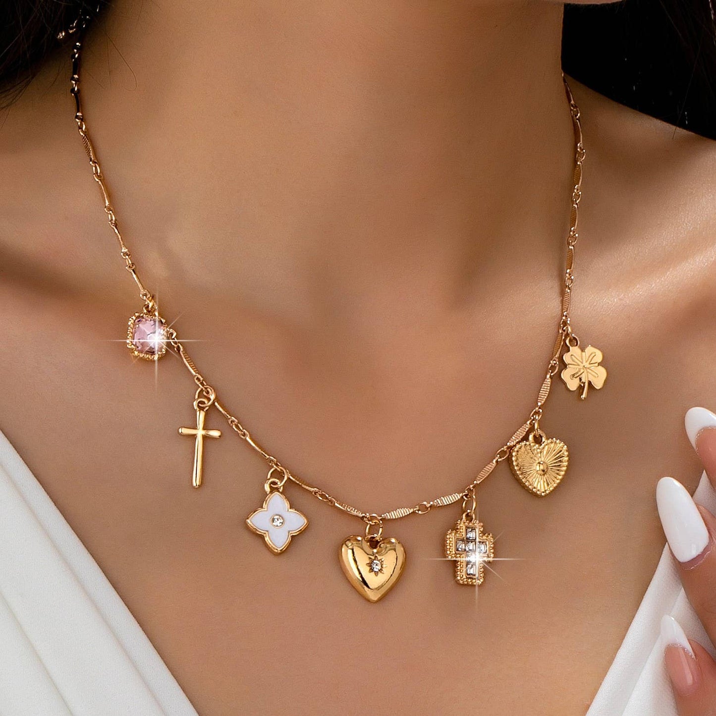 CHARM NECKLACE-crosses hearts flowers clovers