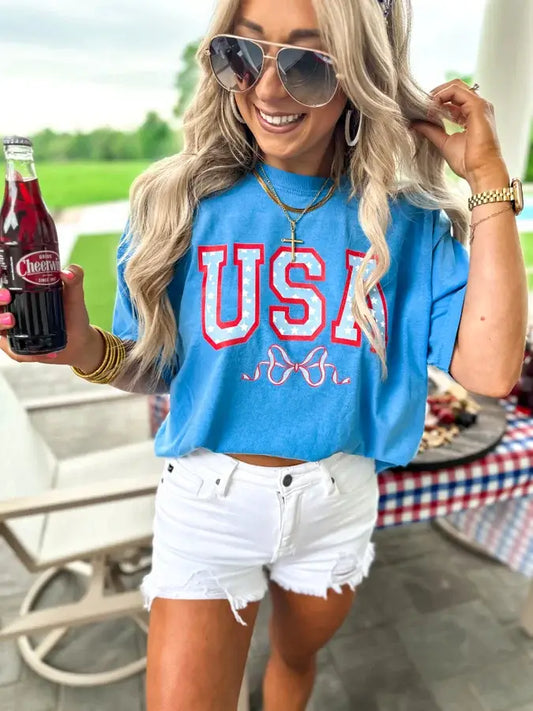 USA Stars & Bow Blue Graphic Tee