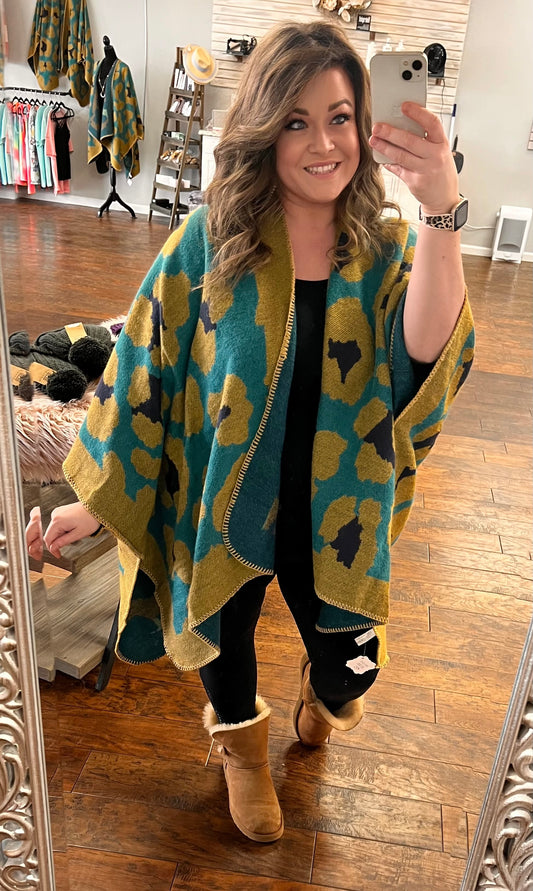 Teal Leopard Printed Knitted Cozy Kimono