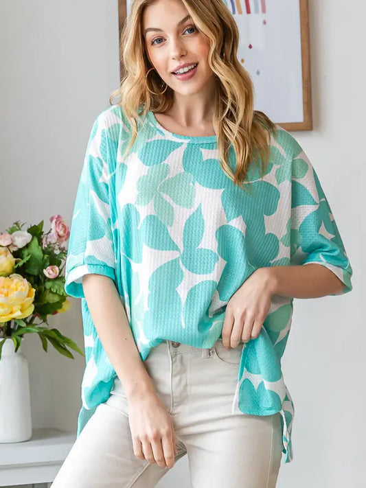 TEAL FLOWER WAFFLE KNIT OVERSIZED TOP