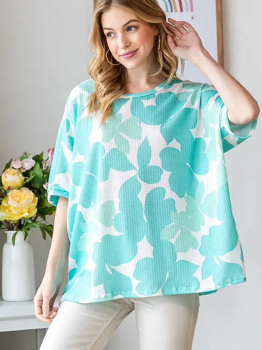 TEAL FLOWER WAFFLE KNIT OVERSIZED TOP