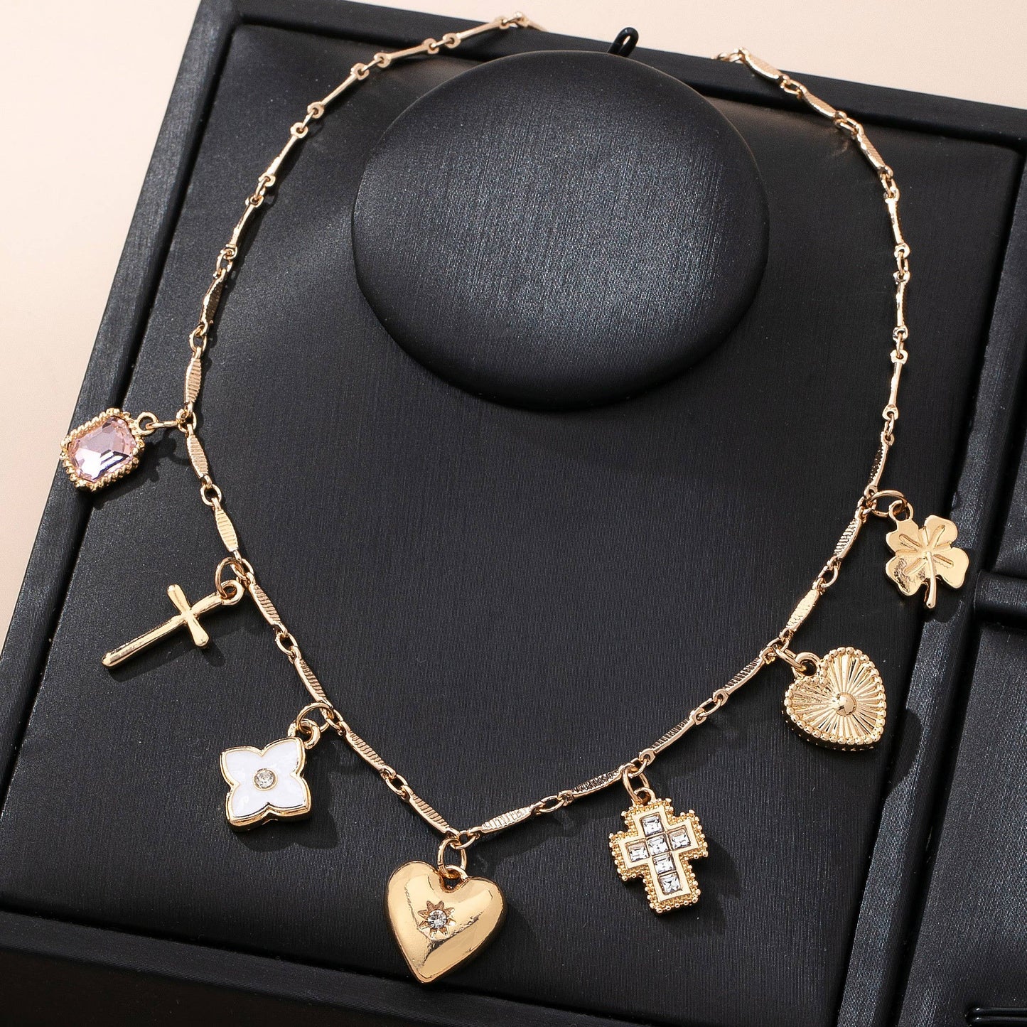 CHARM NECKLACE-crosses hearts flowers clovers