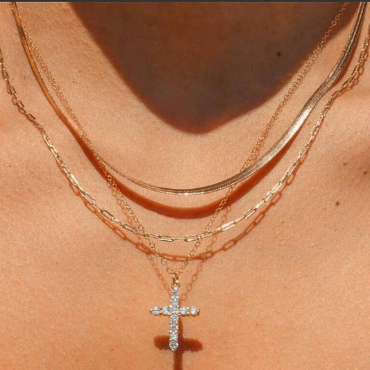 18K STAINLESS STEEL TARNISH FREE LAYERED CROSS NECKLACE