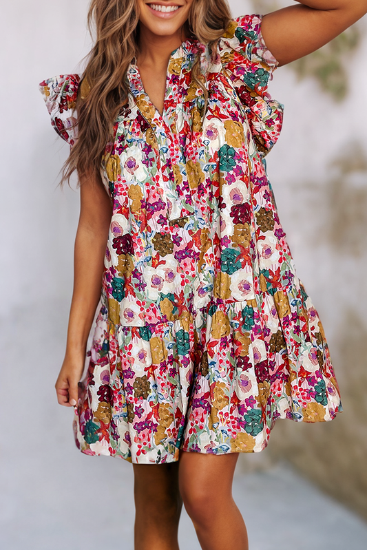Floral Printed Split Neck Flutter Sleeve Dress