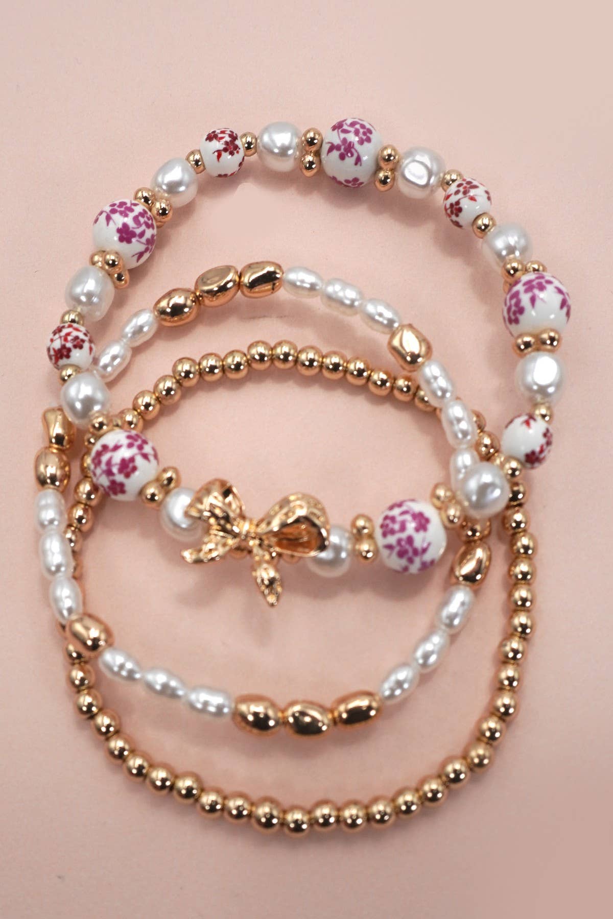PINK CERAMIC PORCELAIN BOW MULTI LAYER BRACELET |