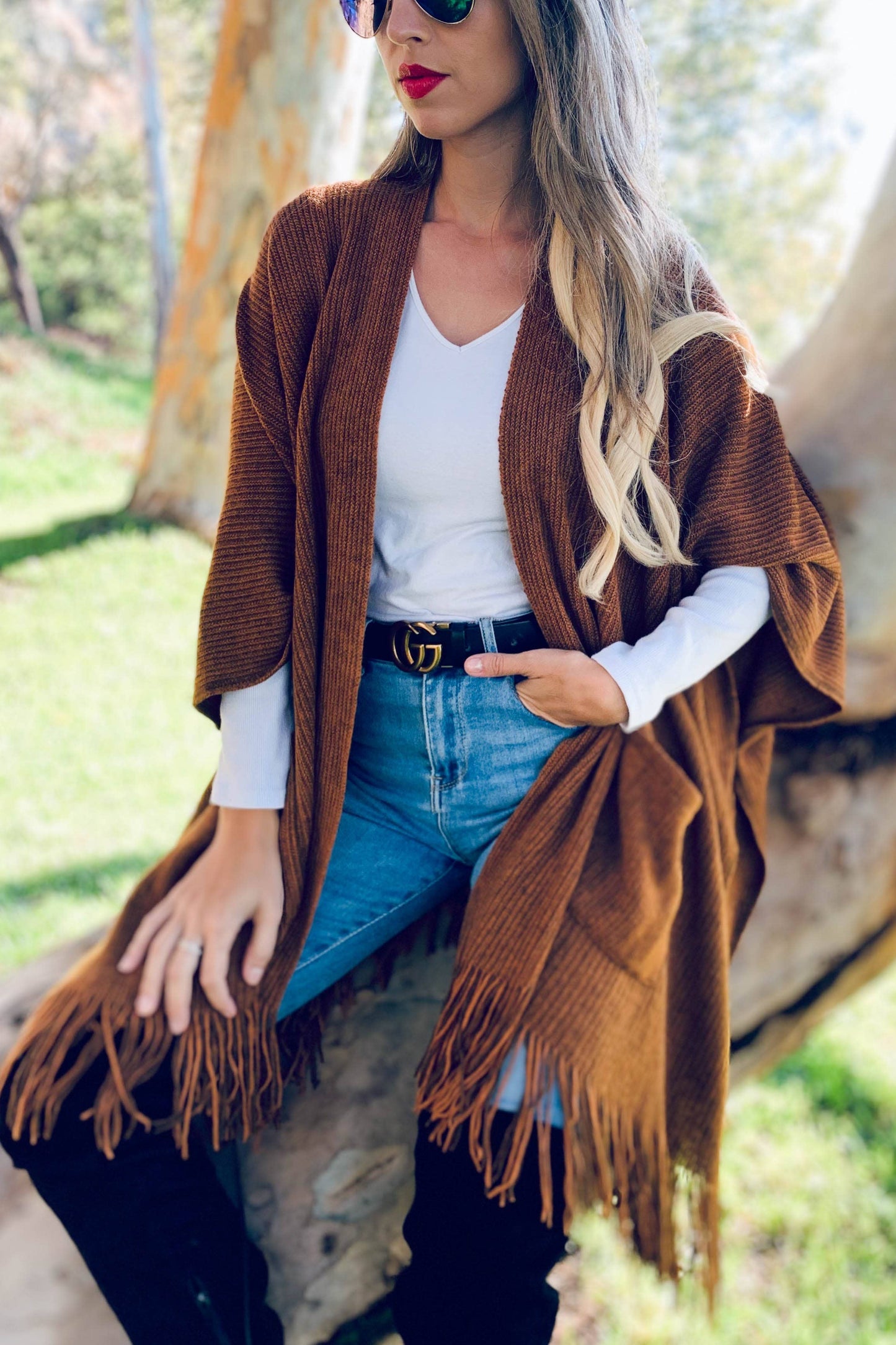 Camel Soft Knitted Pocket Kimono Cardigan With Fringe