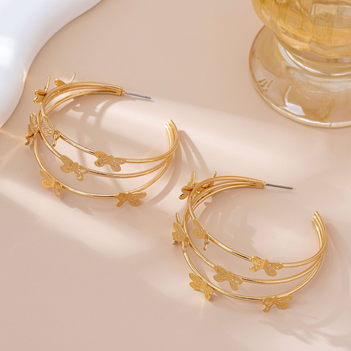 Gold-Tone Triple Butterfly Hoop Earrings