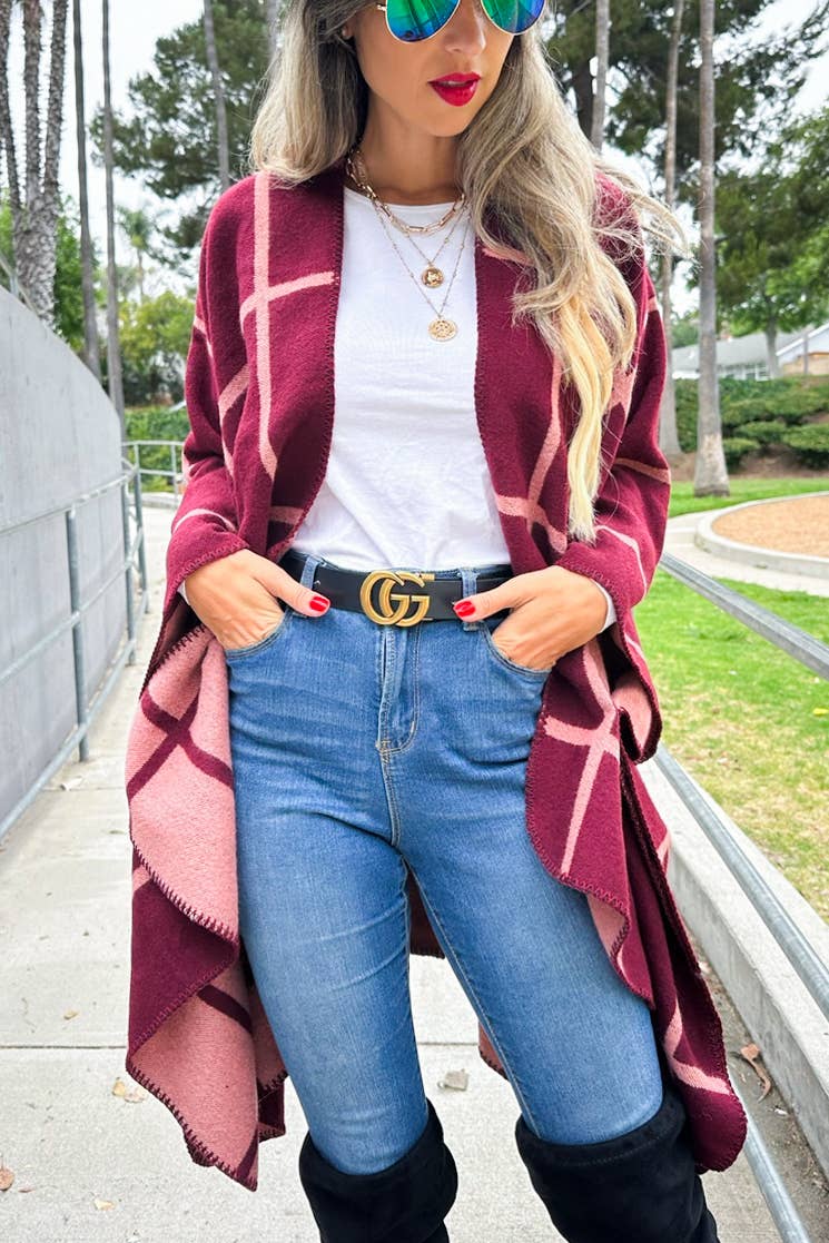 Burgundy Rose Dual-Tone Check Print Cozy Reversible Ruana