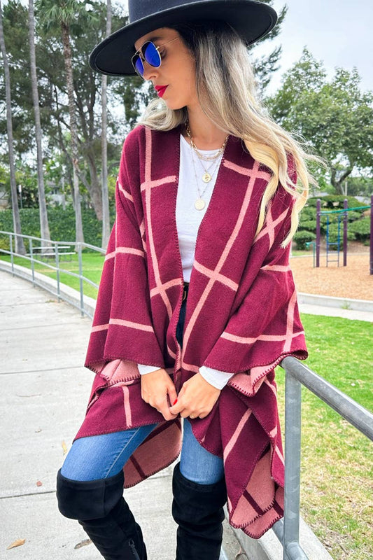 Burgundy Rose Dual-Tone Check Print Cozy Reversible Ruana