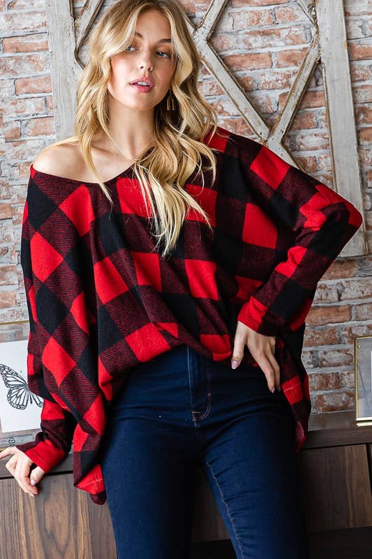 Red/Black Buffalo Plaid Vneck Oversized Top
