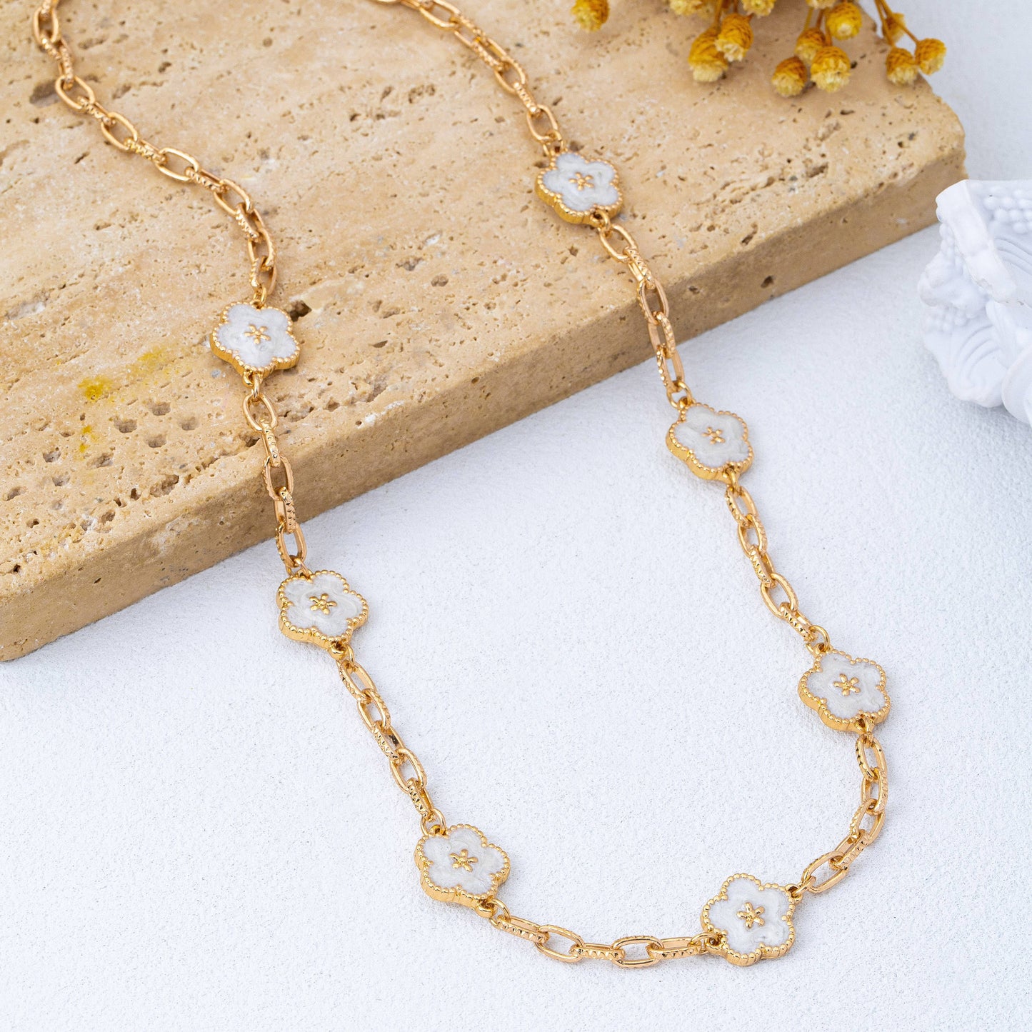 Vintage-Inspired White Enamel Floral Necklace
