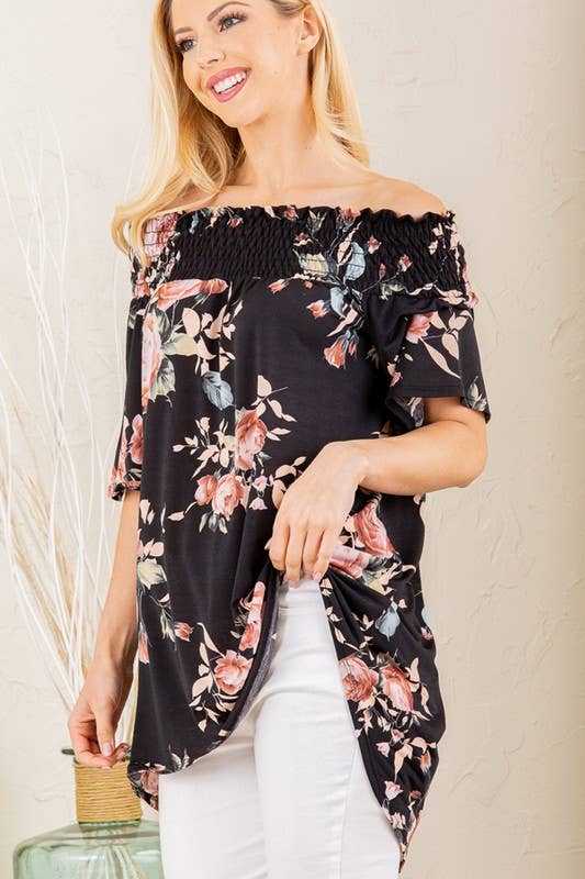 BLACK OFF SHOULDER FLORAL TOP WITH SMOCKED NECKLINE