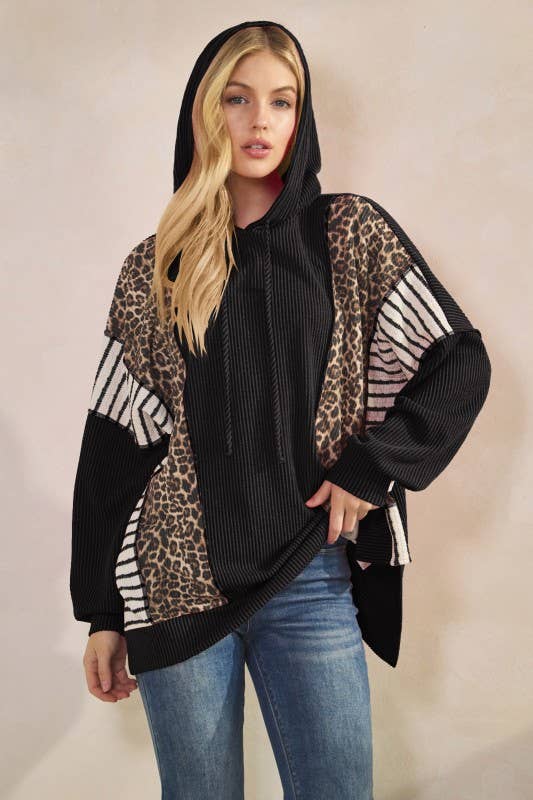 Oversized Hooded Animal Print/Striped ColorBlock Top