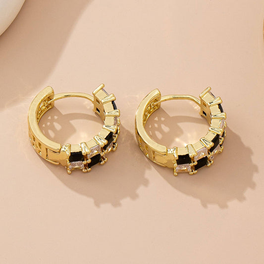 Checker Black & Crystal Baguette Hoop Earrings