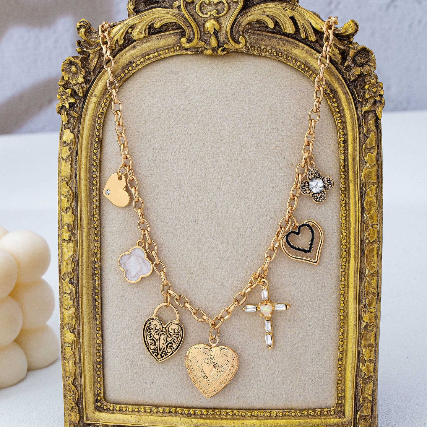 Antique Heart Locket & Cross Multi-Charm Necklace
