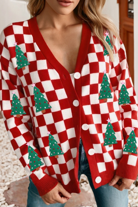 Checkered Christmas Tree Pattern Button Sweater Cardigan