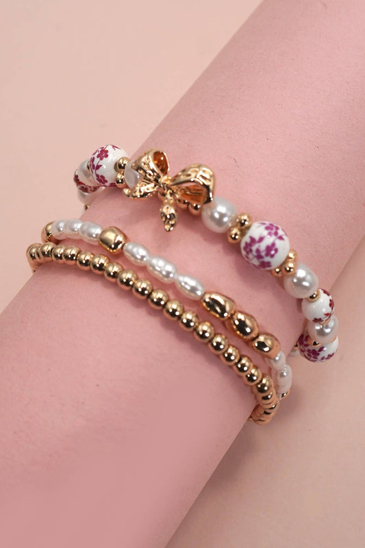 PINK CERAMIC PORCELAIN BOW MULTI LAYER BRACELET |