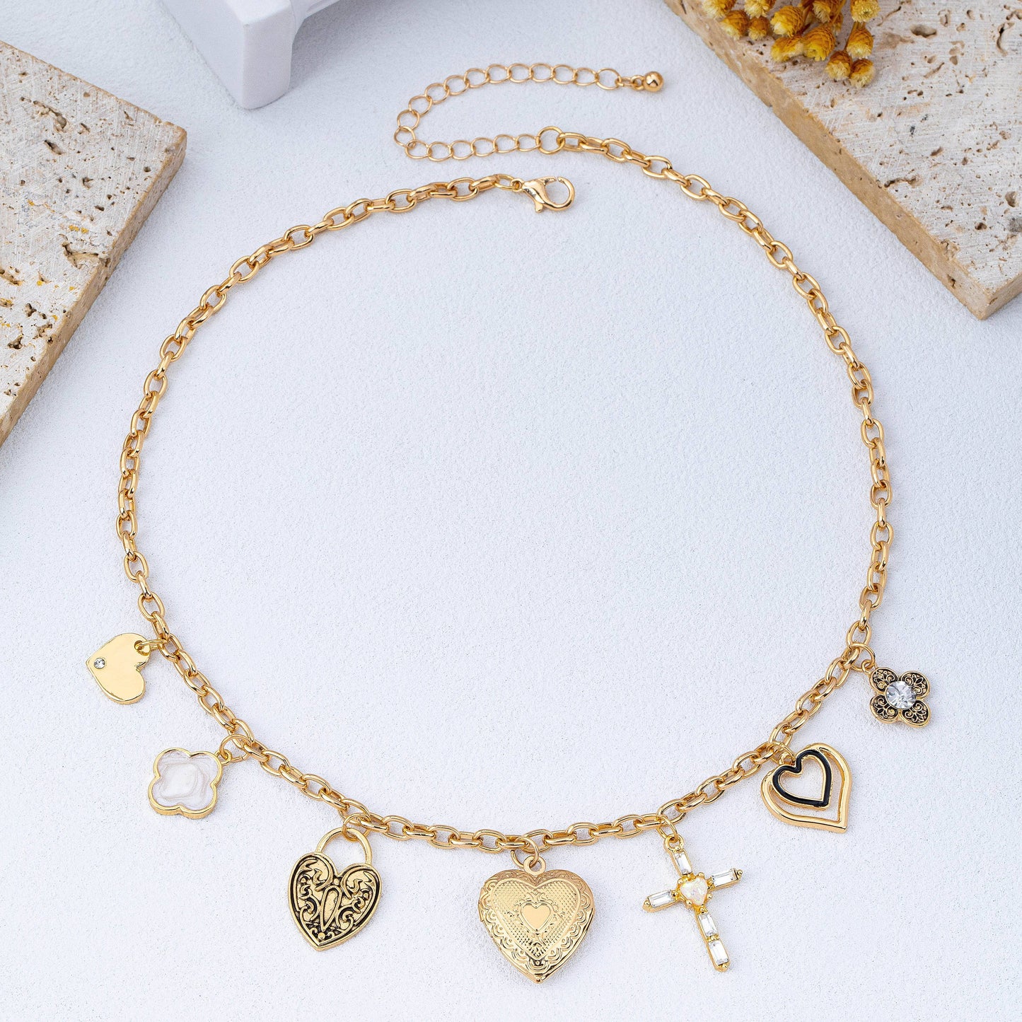 Antique Heart Locket & Cross Multi-Charm Necklace