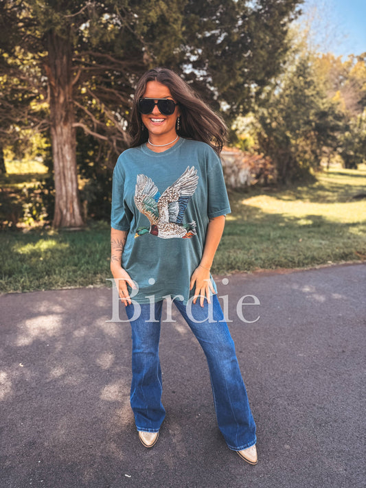 Faux Rhinestone Duck Graphic Tee on Blue Spruce
