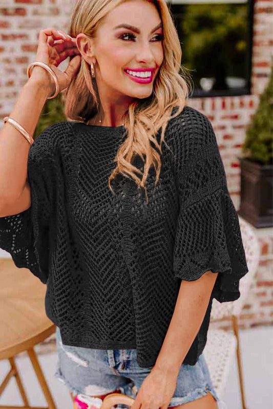 Black Knit Scallop Edge Short Sleeve Top