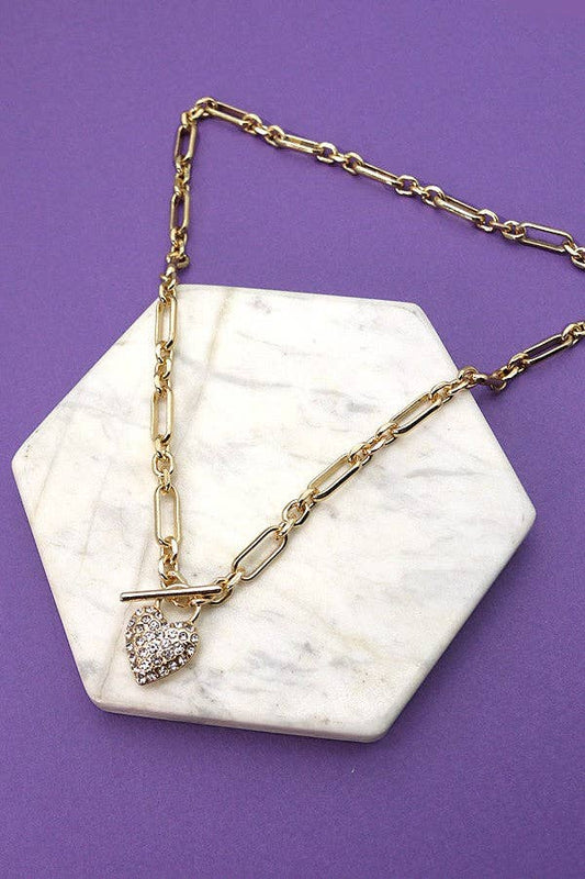 HANDMADE LINK CHAIN RHINESTONE HEART NECKLACE